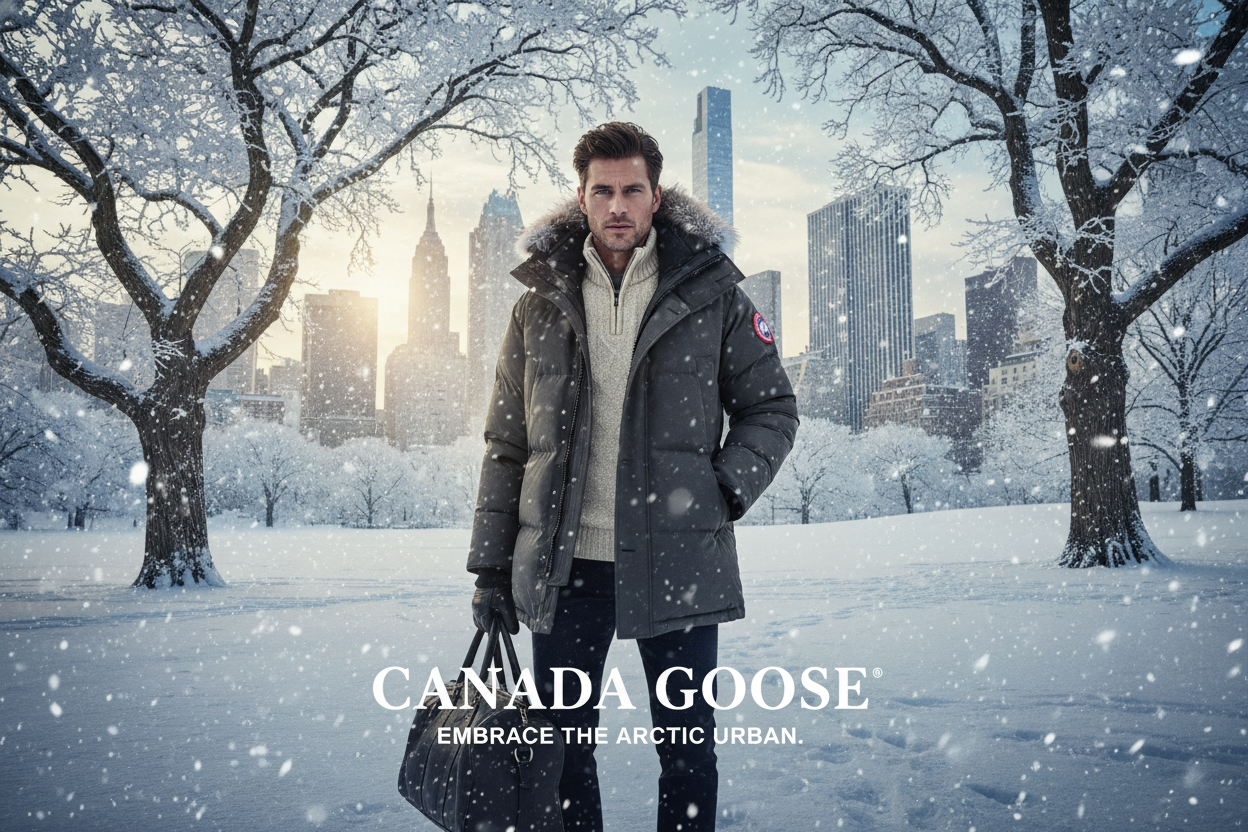 crea una copertina che sponsorizzi i giubbotti canade goose in un contesto invernale, con neve e gelo a new york
