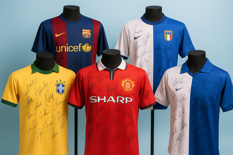deve avere come contenuto, le maglie da calcio autografate da collezione con sfondo azzurrino